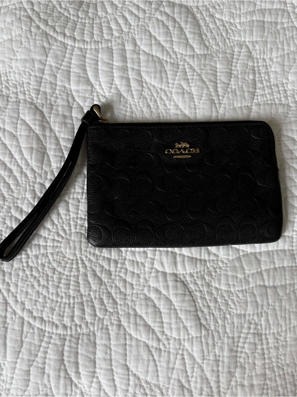 Coach Black Signature Embossed Wristlet with Gold Logo